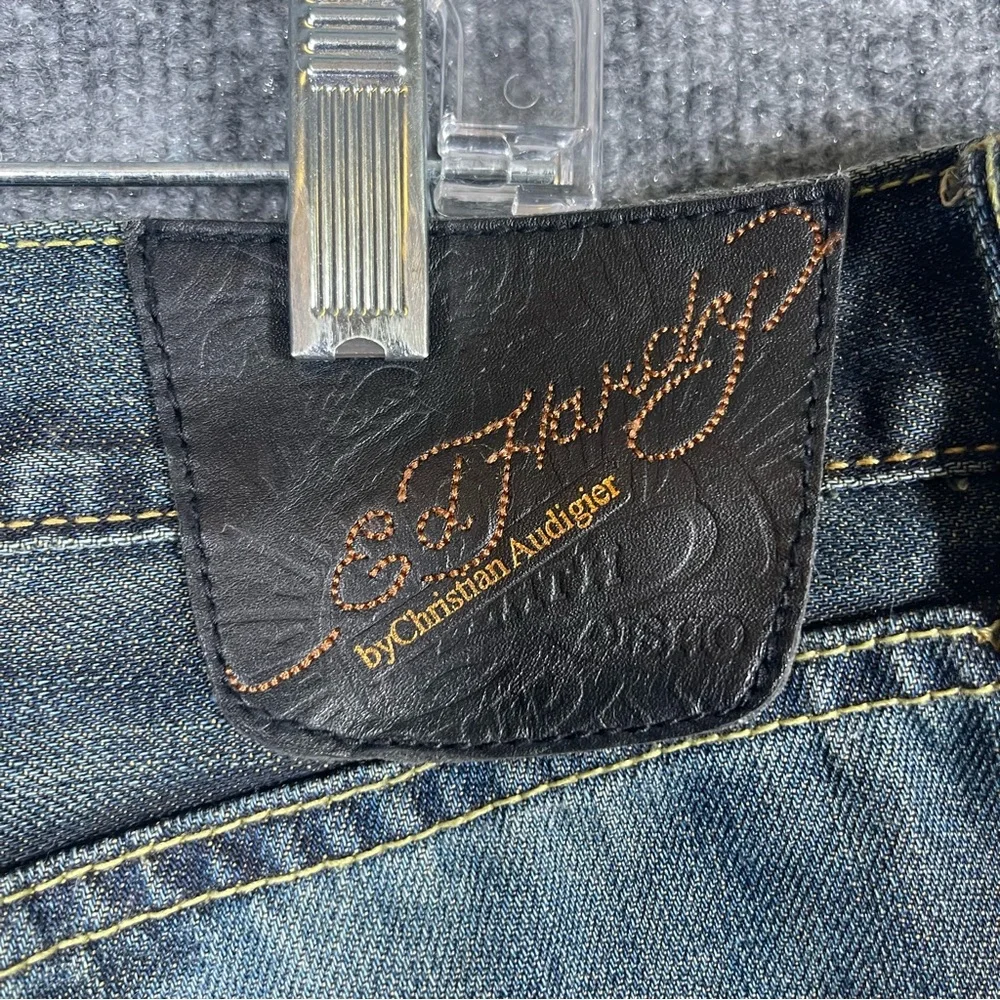 Ed Hardy Mens‎ 36X34  Yellow Logo Dark Wash Denim Distressed Designer Jeans Y2K